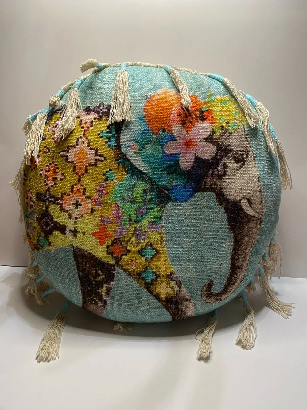 Boho Elephant Round Accent Pillow in Aqua, Unique Bohemian Pillow